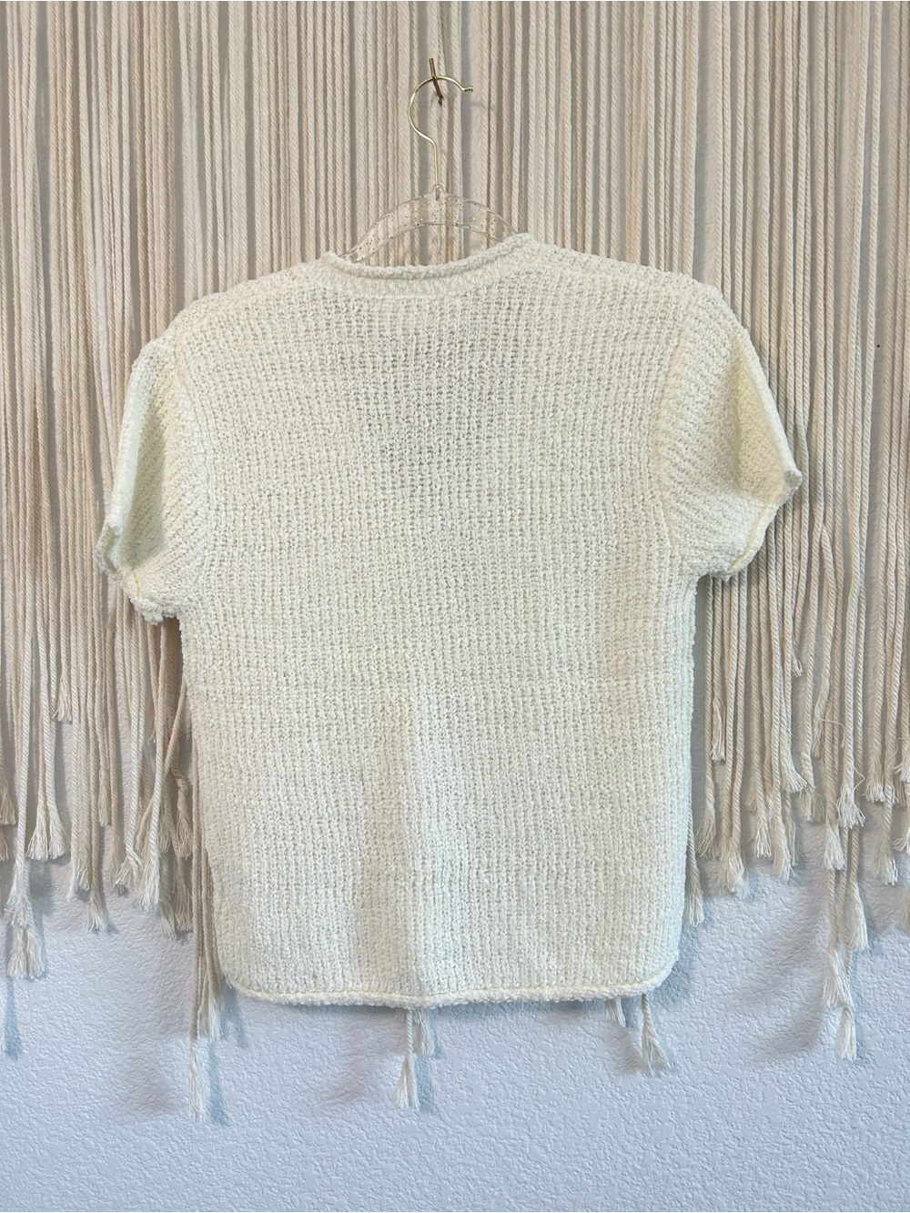 Self Contrast Ivory Textured Knit V-Neck Short Sleeve Sweater Top Lightweight XS - Picture 7 of 9